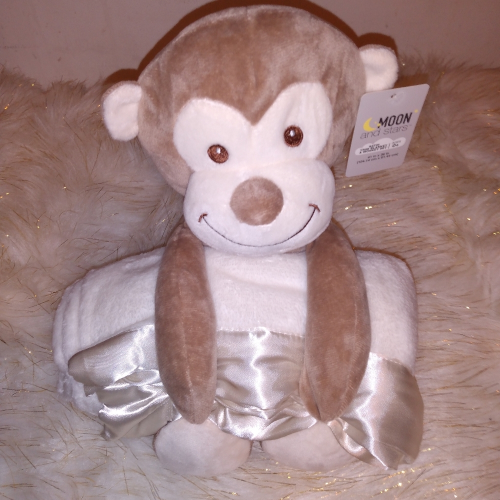 Cream Satin trimmed blanket & 🐒 plush toy